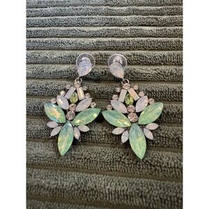 Dive-In Glamorous Statement Dangle Earrings Green Opal Gem Rhinestone‎